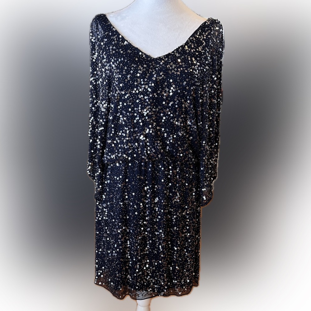 Pizarro Nights Navy Blue Silk Sequins Cocktail Dress, Size 8.